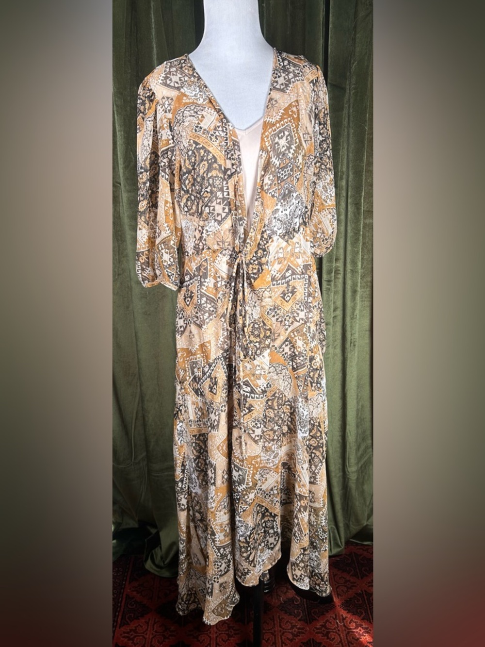 Calvin Klein Chiffon Bohemian Patchwork V-Neck Maxi Dress with Slip - Picture 2 of 6